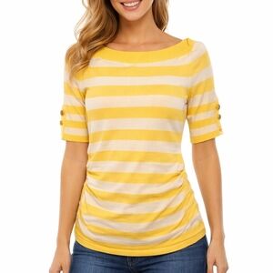 Yellow and White Striped top by the brand Caché size Medium